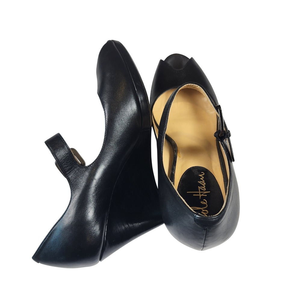 Cole Haan Leather Peep Toe Mary Jane Wedge Heels Womens 8 Black Office Business - Picture 6 of 10
